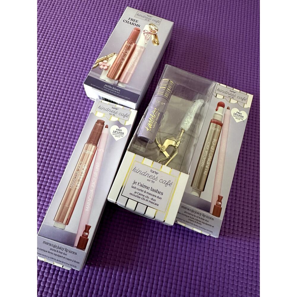 New Tarte Kindness Cafe Makeup Set Lash Curler Mascara & Maracuja Lip Oil